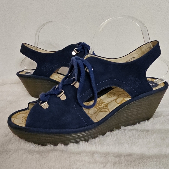 Fly London Bold Blue Yifa Leather Lace-Up Cut Out Sling Back Wedges Size 10-10.5 - Picture 2 of 16